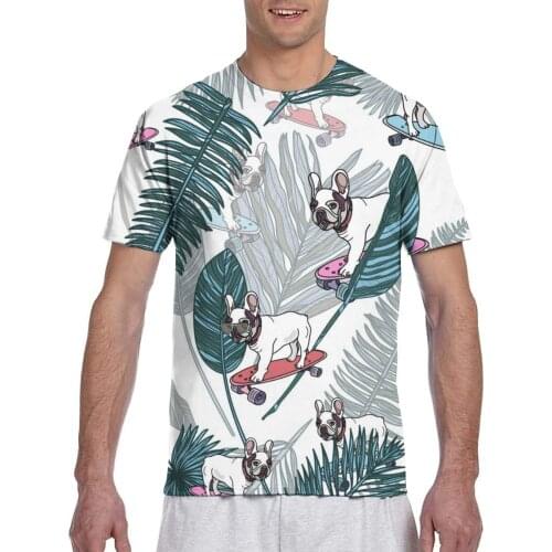 2020 Mens T shirts Fashion New Summer Mens Short Sleeve T-shirt Casual French Bulldog On Skateboard And Tropical Leaves Tshirt