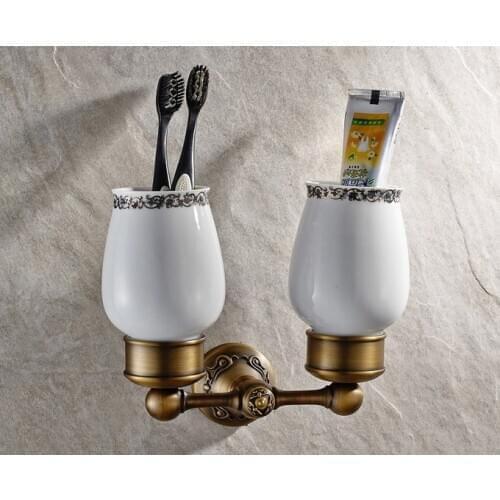 Bathroom Accessories Antique Brass Carved Pattern Bath Wall Mounted Bathroom Toothbrush Holder Set Double Ceramic Cups aba432