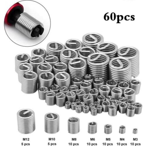 60pcs Home Thread Insert Set Stainless Steel Wire Screw Sleeve Silver 7 Sizes Wear Resistant Connection Force Easy Install