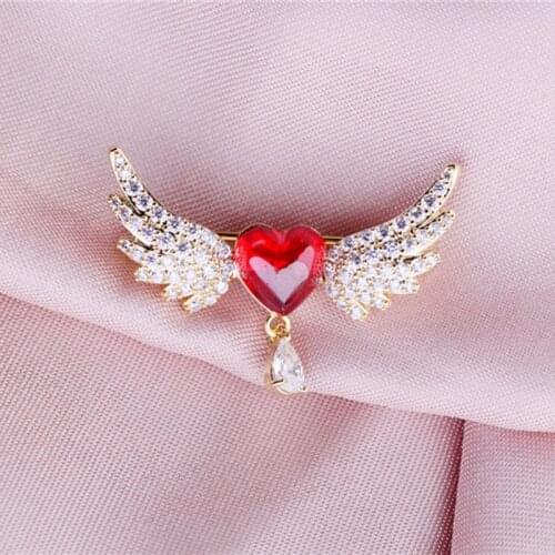 OKILY Fashion Cubic Zircon Angel Wing Lapel Pin for Woman Cute Lovely Heart Shape Collar Pins Daily Jewelry Ornament
