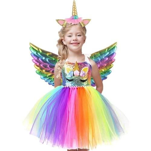 Sequins Princess Unicorn Dresses for Girls TuTu Dress Outfits for Birthday Halloween Christmas Costume for Kids Headband Wings