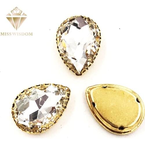 10X14/13x18mm clear white glass crystal sew on rhinestones water drop gold bottom lacy shape claws Diy clothing accessories