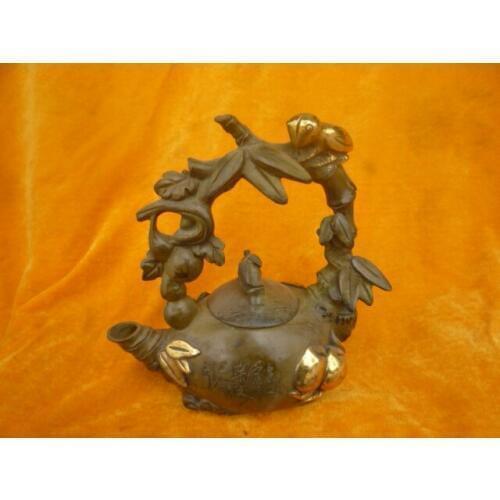 Rare old Qing Dynasty bronze teapot,carving Bamboo form,Grasshopper, with mark,free shipping
