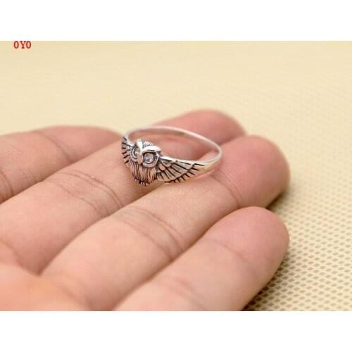 S925 sterling silver jewelry owl with diamond ring ladies Korean version of Thai silver personalized small ring