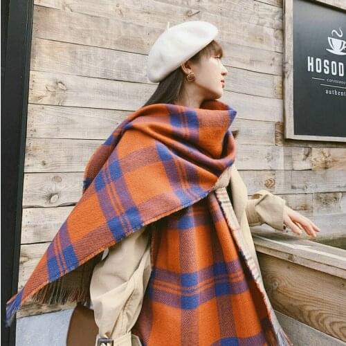 Mingjiebihuo Autumn and winter new double-sided plaid beautiful cute scarf warm fashion high quality outdoor tassel shawl