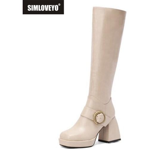SIMLOVEYO 2021 Patent Leather Zipper Women Knee High Boots Platform Chunky High Heel Ladies Square Toe Womens Boots Plus S2354