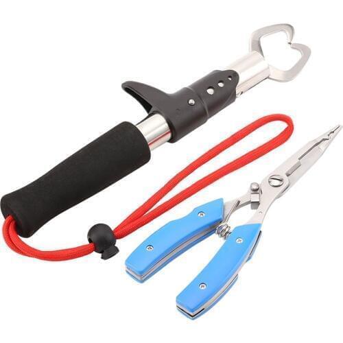 Steel Fishing Pliers for Lure Split Ring Line Cutter Tackle Combo Hook Remover + Fish Grip Lip Holder Gripper Grabber Lipgrip T4