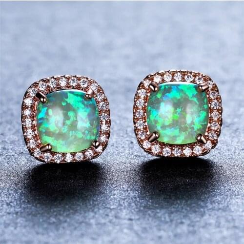 Vintage Fashion Rose Gold CZ Earrings Green Fire Opal Square Earrings White Small Stone Stud Earrings For Women Wedding Jewelry