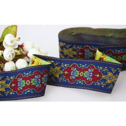 High quality 9yards/lots Woven Jacquard Ribbon 4.5cm blue background gold totem flowers pattern LS-3747