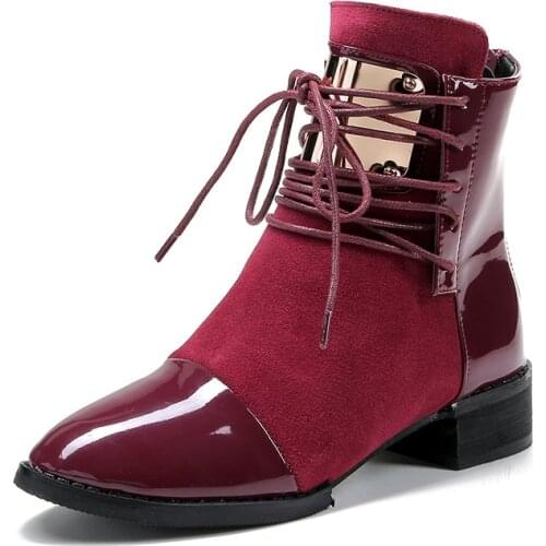 35-43 Winter european hot sale riding botas genuine leather patchwork front cross-tied mid-calf short fashion boots shoes women