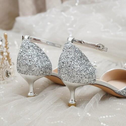 Wedding Shoes Womens 2020 New Bridal Shoes Straight-Line Buckle Lace-up Silver Color High Heels Thin Wedding Crystal Shoes