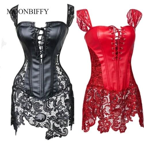 6XL Women Sexy Faux Leather Corset Black Lace Burlesque Steampunk Corset Dress Club Gothic Bustier Lingerie Espartilho Plus Size