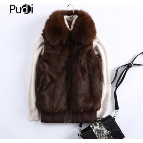 Pudi T18001 Women Real Rabbit Fur Vest Winter New Girl Genuine Fur Jacket Coats With Raccoon Silver Fox Collar