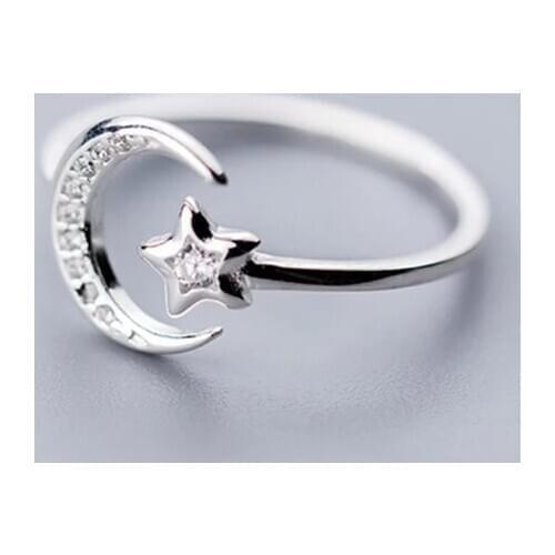 925 Sterling Silver Simple Zircon Moon Star Opening Ring For Women Girls Party Fine Jewelry 2021 jz476