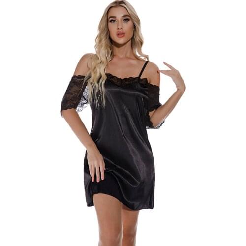 Women Sexy Lingerie Lace Satin Short Sleeve Slash Neck Sling Underwear Nightwear Sleepwear Night Gown домашняя одежда женская g4