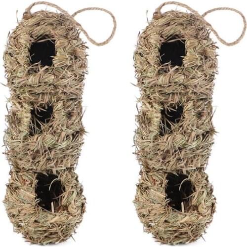 2pcs Natural Garss Hummingbird House Hand Woven Bird Nesting Hut Durable Hanging Bird Nest For Outdoor Garden 3 Holes