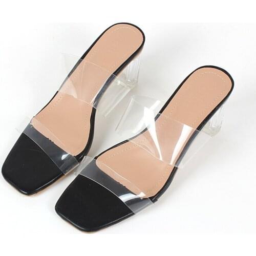 2021 Summer Womens Sandals Transparent PVC Belt Crystal Thick Heel Squre Head Open Toe High Heels New Female Shoes Casual 6.5CM