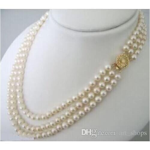 3 Rows 7-8mm White Akoya Cultured Pearls Necklace>>> free shipping