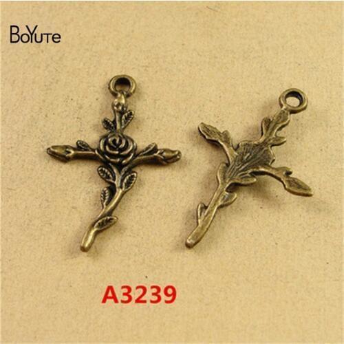 BoYuTe (50 Pieces/Lot) 35*24MM Antique Bronze Plated Metal Alloy Rose Cross Charms Pendant for Jewelry Accessories Diy Handmade