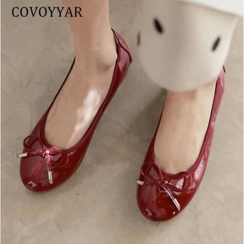 COVOYYAR 2019 Autumn Soft Bow Women Flats Loafers Casual Shoes Woman Patent Leather Slip On Ladies Ballet Flats Plus Size WFS465