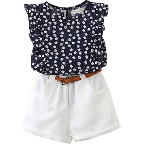 Childrens Wear 2021 Summer New Girls' Floral Sleeveless T-shirt Shorts Set with Belt 2 to 8 Years Girls Clothes Set