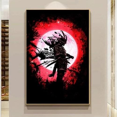 Cuadros Japanese Ghost Samurai Under Moon Canvas Painting Posters and Prints Modern Wall Art Pictures for Living Room Decoration