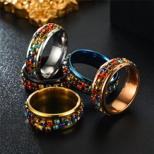 2021 New Stainless Steel Cubic Zirconia Rotatable Women Ring High Quality Spinner Chain Punk Women Jewelry for Party Gift