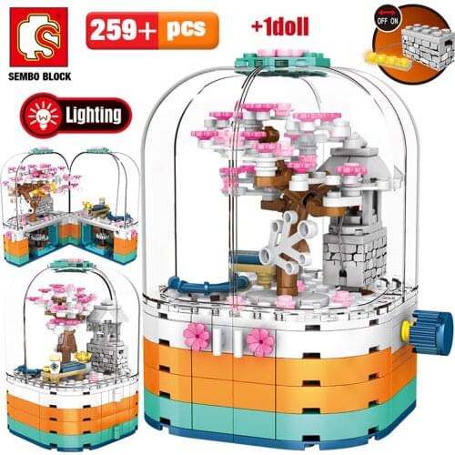 SEMBO Creative LED Light Rotating Box Building Blocks Friends City Street View Cherry Blossom House Tree Bricks Toys for Kids