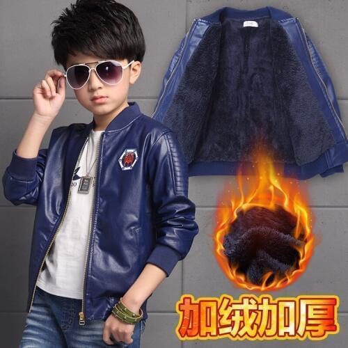 2016 winter Girls Kids boys Plus velvet thick leather PU jacket coat outer clothing comfortable baby Clothes Children Clothing