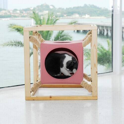 M4Pet Wooden&Polyester Dog&Cat Square House Sleeping And Playing Indoor Cube for Kitty Modern Bed Playing Palace 4 Colors