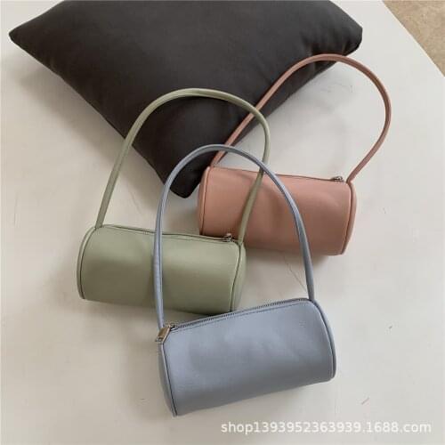 Fashion Solid Color Pu Leather Womens Shoulder and Armpit Bag Top Handle Cylindrical Bags Design Girls Small Shoulder Bag