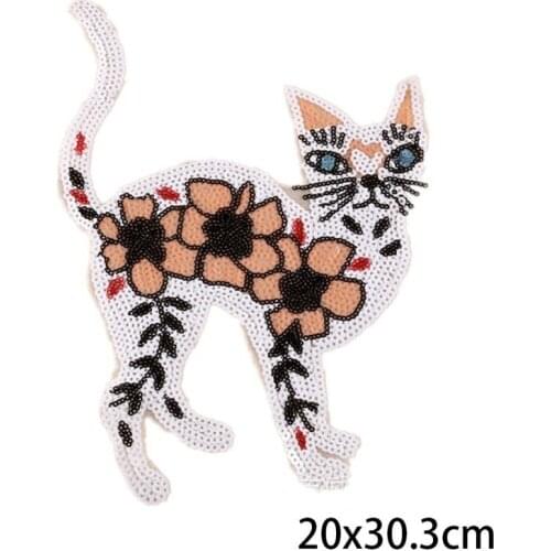 Flower Cat sequins patch vintage embroidered fabric applique Sweater Jacket T-shirt coat decoration patches sewing accessories