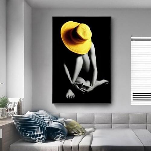 High Definition Printing Sexy Nude Woman Art Painting Modern Posters Girl Wear Yellow Hat Wall Picture Living Room Home Decorati