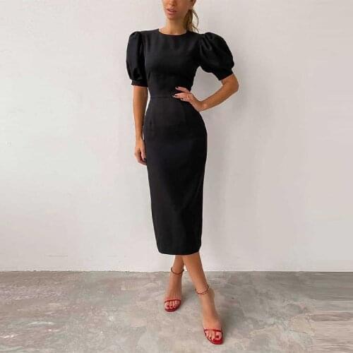 Puff Sleeve O-neck Bodycon Woman Dress Solid Slim Bandage Skinny High Waist Female Dresses Zippers 2021 Office Ladies Vestidos