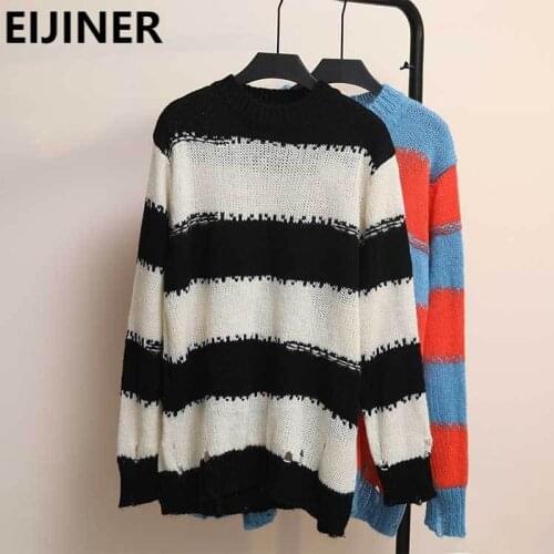 Black White Striped Mohair Pullover Knitted Sweater Women Mid-Length Loose Lazy Jumpers Autumn Fashion Harajuku Vintage Sweater