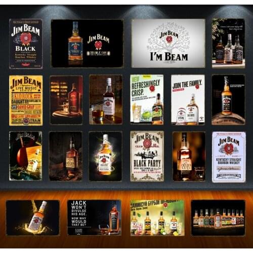 Retro Wine Beer Brand Jim Beam Whiskey Tin Signs Black Party Metal Poster Wall Art Sticker Pub Bar Club Home Decor YQZ094