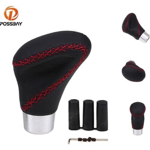 POSSBAY 5 Speed Leather Aluminum Manual Car Gear Shift Knob Shifter Black Manual Automobiles Gear Shift Knob Leather Shifter