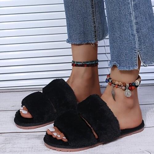 Autumn and Winter New Outdoor Leopard Print Fluffy Plush Sandals Rubber Sole Non-slip Household Indoor Slippers Large Size 36-45