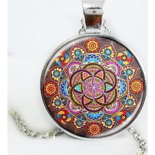 Silver color necklace mandala necklaces chakra pendant OM jewelry for women glass cabochon pendants Zen gifts jewellery vintage