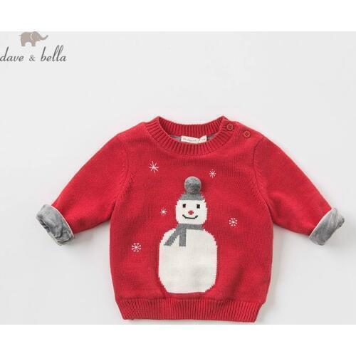 DBJ9156 dave bella baby girls Christmas snowman children print knitted sweater kids autumn pullover toddler boutique tops