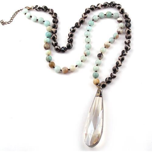 Fashion Jewelry Two Stone Mixed Color Knotted Long Glass Drop Pendant Necklace Women Lariat Necklaces