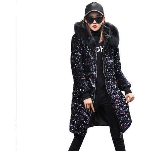 Full Sequins Parka Woman 2021 Winter Coat Thick Hooded Parka Streetwear Wide-waisted Solid Zippers Pockets Warm jacket Parkas