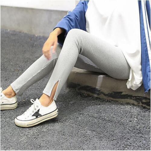 Babbytoro Feminino Leggings Women Girls Vertical Strip Rib Elastic Stretch Cotton Jeggings Solid Black Navy Red Ladies Bottoms