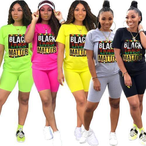 Women Black Lives Matter Two Piece Set O-neck Tee Tops Knee Length Jogger Pants Suit Tracksuit Matching Set Outfit letter yellow