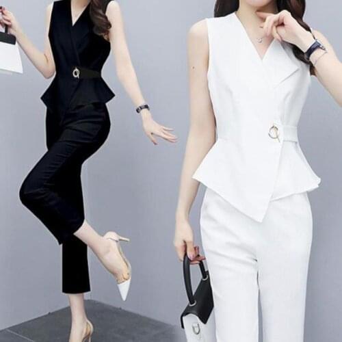 Office Lady Two Pieces Set 2021 Summer Women Solid Sleeveless Tops Shirt+Calf-Length Pants Trousers Suits