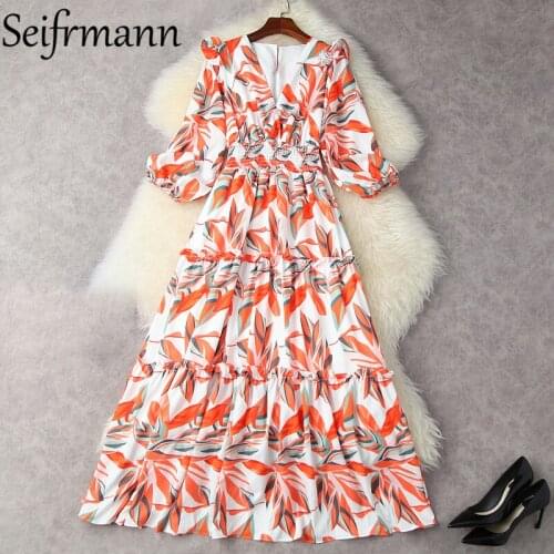 Seifrmann New 2021 Autummn Women Fashion Designer Long Dress Lantern Sleeve High Waist Elastic Waist Patchwork A-Line Dresses