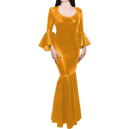 Women Bodycon Long Dress Faux Leather Plus Size Sexy Ruffle Flare Sleeves Nightclub Wet Look Slim Party Celebrate Maxi Vestidos