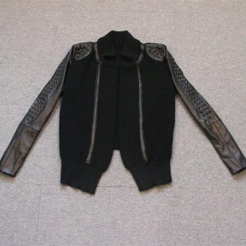 New arrival lady natural sheepskin leather patchwork knitting blackovercoat rivet sleeve