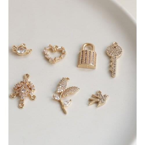 6pcs Vintage Copper plating rhinestones Earrings for Women key lock love bird flower pendant diy jewelry necklace accessories