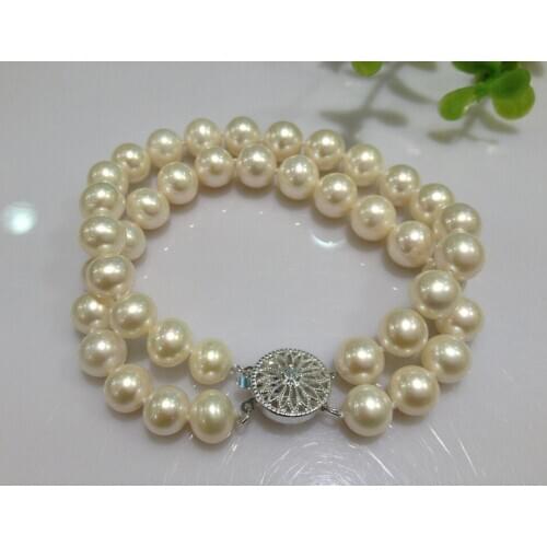 Free Shipping Fine Jewelry Natural Freshwater pearl Bracelet 925 sterling Silver Clasp 8-9MM Perfect Round Double Layer